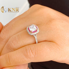 Load image into Gallery viewer, Cushion Cut Moissanite And Round Cut Natural Diamond And Ruby Engagement Ring 14k Solid White Gold Bridal Ring Wedding Double Halo Ring 2.20