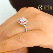 Load image into Gallery viewer, Cushion Cut Moissanite And Round Cut Natural Diamond And Ruby Engagement Ring 14k Solid White Gold Bridal Ring Wedding Double Halo Ring 2.20