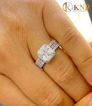 Load image into Gallery viewer, Cushion Cut Moissanite and Round Cut Sides Cvd Diamonds Engagement Ring And Two Bands Deco Halo Wedding Set 14k Solid White Gold 3.70ctw