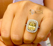 Load image into Gallery viewer, Fancy Yellow Cushion Simulated And Round Cut Cvd Diamond Engagement Ring Halo Right Hand Ring Women's Wedding Ring 14k Solid White Gold 5.70