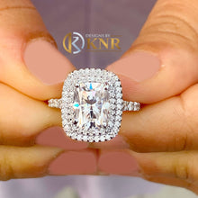 Load image into Gallery viewer, Elongated Cushion Cut Moissanite and Round Cut Sides Engagement Ring Double Halo Design In 14K Solid White Gold Wedding Bridal Ring 4.00ctw