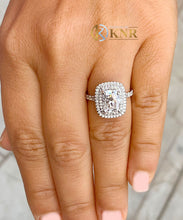 Load image into Gallery viewer, Elongated Cushion Cut Moissanite and Round Cut Sides Engagement Ring Double Halo Design In 14K Solid White Gold Wedding Bridal Ring 4.00ctw
