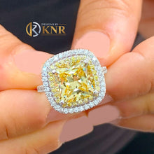 Load image into Gallery viewer, Cushion Simulated Diamond And Round Cut Cvd Diamond Engagement Ring Halo Style 14k Solid White Gold Fancy Yellow Right Hand Ring 5.70ctw