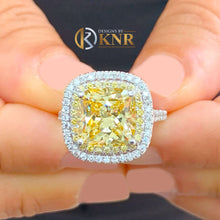 Load image into Gallery viewer, Cushion Simulated Diamond And Round Cut Cvd Diamond Engagement Ring Halo Style 14k Solid White Gold Fancy Yellow Right Hand Ring 5.70ctw