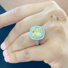 Load image into Gallery viewer, Cushion Simulated Diamond And Round Cut Cvd Diamond Engagement Ring Halo Style 14k Solid White Gold Fancy Yellow Right Hand Ring 5.70ctw