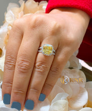 Load image into Gallery viewer, Fancy Yellow Cushion Simulated And Round Cut Natural Diamond Engagement Ring Women's 14k Solid White Gold Split Shank Halo Style 4.70ctw