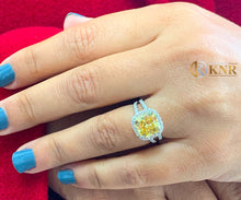 Load image into Gallery viewer, Fancy Yellow Cushion Simulated And Round Cut Natural Diamond Engagement Ring Women's 14k Solid White Gold Split Shank Halo Style 4.70ctw
