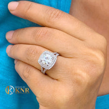 Load image into Gallery viewer, Round Cut Moissanite Engagement Ring Halo Split Shank Design Bridal Ring Double Halo Wedding Ring Filigree Styel 14k Solid White Gold 3.00ct
