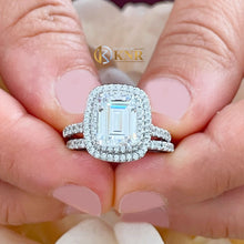 Load image into Gallery viewer, Emerald Cut Moissanite And cvd Round Side Diamonds Engagement Ring And Matching Band 14k Solid White Gold Double Halo Wedding Set 3.50ctw