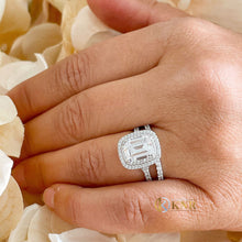 Load image into Gallery viewer, Emerald Cut Moissanite And cvd Round Side Diamonds Engagement Ring And Matching Band 14k Solid White Gold Double Halo Wedding Set 3.50ctw