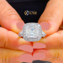 Load image into Gallery viewer, Asscher Cut Moissanite and Round Cut Side Cvd Diamond Engagement Ring 14k Solid White Gold Deco Style Bridal propose Wedding Ring 4.05ctw