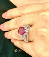 Load image into Gallery viewer, Oval Shape Natural Ruby and Round And Marquee Cut Side Natural Diamonds Halo Engagement Ring 14K Solid White Gold Right Hand Ring 4.50ctw