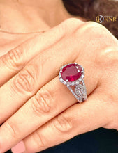 Load image into Gallery viewer, Oval Shape Natural Ruby and Round And Marquee Cut Side Natural Diamonds Halo Engagement Ring 14K Solid White Gold Right Hand Ring 4.50ctw