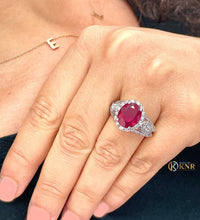 Load image into Gallery viewer, Oval Shape Natural Ruby and Round And Marquee Cut Side Natural Diamonds Halo Engagement Ring 14K Solid White Gold Right Hand Ring 4.50ctw