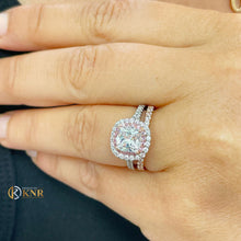 Load image into Gallery viewer, Cushion Cut Moissanite And Round Cut Sides Cvd Diamond Engagement Ring And Matching Band 14k Solid White And Rose Gold Double Halo 2.60