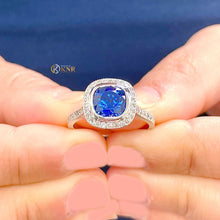 Load image into Gallery viewer, Cushion Cut Simulated Sapphire and Round Cut Sides CVD Diamonds Engagement Ring Bezel Set Set In 14k Solid White Gold Sapphire Ring 2.50ctw