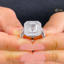 Load image into Gallery viewer, Asscher Cut Center and Round Sides Diamond Engagement Ring Bezel Set IGI Certified Wedding Bridal Ring 14k Solid and Heavy White Gold 4.30ct