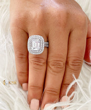 Load image into Gallery viewer, Emerald Cut Moissanite and Round Cut Sides Engagement Ring And Matching Band Double Halo Wedding Bridal Set 14K Solid White Gold 6.30ctw