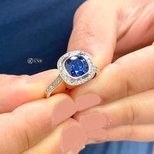 Load image into Gallery viewer, Cushion Cut Simulated Sapphire and Round Cut Sides CVD Diamonds Engagement Ring Bezel Set Set In 14k Solid White Gold Sapphire Ring 2.50ctw