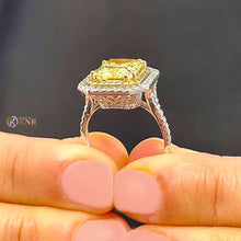 Load image into Gallery viewer, Light Fancy Yellow Radiant Simulated And Round Cut Cvd Diamond Engagement Ring Set In 14k Solid White And Yellow Gold Double Halo 6.00ctw