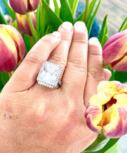 Load image into Gallery viewer, Huge Radiant Cut Moissanite and Round Cut Sides Engagement Ring Halo Prong Set Wedding Ring Halo Bridal Ring 14K Solid White Gold 10.70ctw