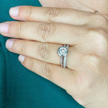 Load image into Gallery viewer, Round Cut Moissanite And Natural Round Cut Diamonds On Sides Bezel Set Engagement Ring And Matching Band 14k Solid White Gold Halo 1.40ctw