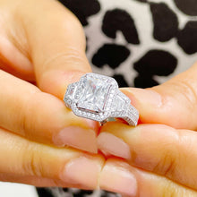 Load image into Gallery viewer, Radiant Cut Moissanite And Round And Trapezoids Cut Sides Engagement Ring Halo Style 14k Solid White Gold Wedding Ring Bridal Ring 4.00ctw