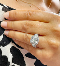 Load image into Gallery viewer, IGI Certified Radiant Cut Center And Round And Trapezoids Cut Sides Diamonds Halo Engagement Ring 14k Solid White Gold Bridal Ring 3.50ctw
