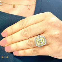 Load image into Gallery viewer, Light Fancy Yellow Radiant Simulated And Round Cut Cvd Diamond Engagement Ring Set In 14k Solid White And Yellow Gold Double Halo 6.00ctw
