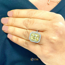Load image into Gallery viewer, Light Fancy Yellow Radiant Simulated And Round Cut Cvd Diamond Engagement Ring Set In 14k Solid White And Yellow Gold Double Halo 6.00ctw