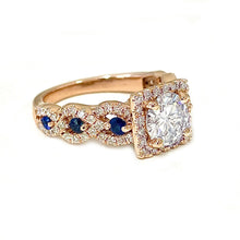 Load image into Gallery viewer, Round Cut Moissanite And Sapphire Halo Style Engagement Ring Set In 14K Solid Rose Gold Bridal Wedding Ring Braided Design Ring 2.00ctw