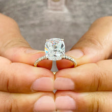 Load image into Gallery viewer, Cushion Cut Center Moissanite And Round Cut Sides Engagement Ring Four Prong set Bridal Wedding Ring For Her In 14K Solid Yellow Gold 5.00ct