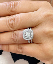 Load image into Gallery viewer, Cushion Cut Moissanite And Round Sides Cvd Diamond Engagement Ring And Matching Band 14k Solid White Gold Bridal Double Halo Ring 1.95ct