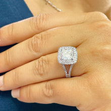 Load image into Gallery viewer, Cushion Cut Moissanite and Round Cut Sides Natural Diamond Engagement Ring Double Halo Split Shank Wedding Ring 14k Solid White Gold 3.40ctw