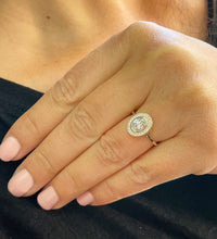 Load image into Gallery viewer, Oval Cut Moissanite and Round Cut Sides Engagement Ring Bezel Set 14k Solid Yellow Gold Bridal Ring Propose Ring Minimalist Design 1.20ctw