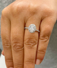 Load image into Gallery viewer, 14k solid white gold oval and round cut diamond engagement ring art deco halo bridal wedding natural diamonds prong set band 1.50ctw