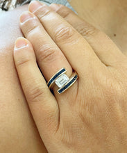 Load image into Gallery viewer, Emerald Cut Moissanite Ring And Princess Cut Natural Sapphires Engagement Ring Semi Tension Set 14K Solid Heavy Yellow Gold Wedding 3.50ctw