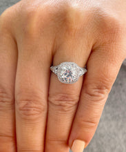 Load image into Gallery viewer, Round Cut Moissanite And Cvd Round And Baguettes Diamonds Engagement Ring 14k Solid Heavy White Gold Bridal Halo Antique Style 2.70ctw