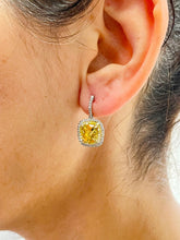 Load image into Gallery viewer, Round Cut Natural Yellow Citrine And Natural Diamonds Dangling Earrings Set In 14K Solid White And Yellow Gold Double Halo Eearrings 4.80ctw