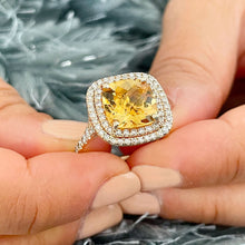 Load image into Gallery viewer, Cushion Cut Natural Yellow Citrine and Round Cut Sides Cvd Diamond Ring Set 14K Solid Yellow Gold Split Band Style double halo Design 4.80ct