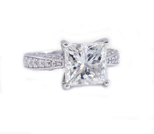 Load image into Gallery viewer, Princess Cut Moissanite And Round Cut Sides Engagement Ring Set In 14k Solid And Heavy White Gold Filigree Edging Wedding Bridal Ring 3.75ct