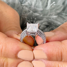 Load image into Gallery viewer, Princess Cut Moissanite And Round Cut Cvd Diamond Engagement Ring 14k Solid And Heavy White Gold Wedding Bridal Ring Filigree Style 3.75ctw