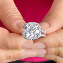 Load image into Gallery viewer, Cushion Cut Moissanite And Round Cut Sides Engagement Ring Halo Style Bridal Ring In 14k Solid White Gold Wedding Ring Split Shak 5.70ctw