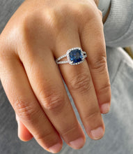 Load image into Gallery viewer, 14k Solid White Gold Natural Cushion Cut sapphire and Round Cut Natural Diamonds Engagement Ring Prong Set Halo 2.50ctw