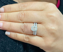 Load image into Gallery viewer, Emerald Cut Moissanite And Round Cut CVD Diamond Engagement Ring And Matching Band 14k Solid White Gold Halo Wedding Bridal Set 1.80ctw