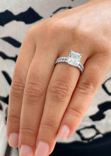 Load image into Gallery viewer, Radiant Cut Moissanite And Round Cut Sides Natural Diiamonds Engagement Ring And Matching Band bridal set set in 14k Solid White Gold 5.60ct