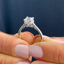 Load image into Gallery viewer, Round Cut Diamond Engagement Ring IGI Certified 14k Solid White Gold Wedding Propose Ring Prong Set Half Eternity Halo Filigree Style 1.35ct