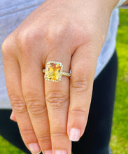 Load image into Gallery viewer, Natural Cushion Cut Yellow Citrine And Natural Yellow Sapphire Sides Engagement Ring Prong Set Halo Style Ring 14K Solid Yellow Gold 4.75ctw