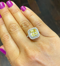 Load image into Gallery viewer, Cushion Cut Fancy Yellow Center And Round Cut Sides Cvd Diamond Engagement Ring Double Halo Bridal Wedding Ring 14k Solid White Gold 5.00ctw
