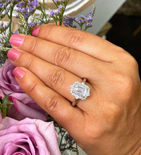 Load image into Gallery viewer, Emerald Cut Moissanite And Natural Round Cut Side Diamond Engagement Ring 14k Solid White Gold Deco Style Bridal Ring Halo Wedding Ring 2.75